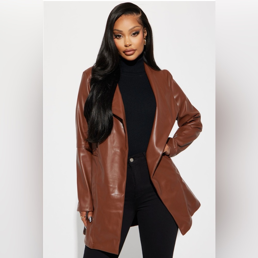 BRAND NEW NEVER OPENED OR WORN Fashion nova Socialite Faux Leather Blazer Cognac